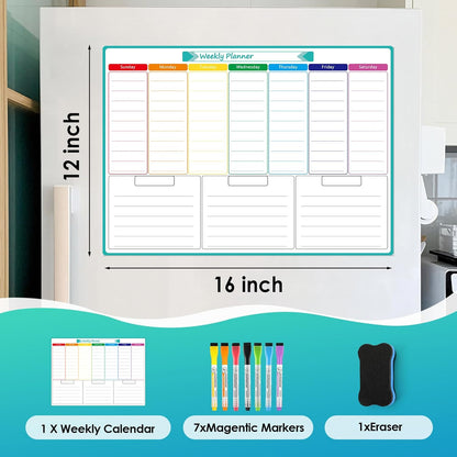 MaxGear Weekly Dry Erase Board for Fridge, 16"x12" Magnetic Calendar | Strong Magnetic, Smooth Writing and Effortless Erasing, Stain Resistant without any Stains with 7 Markers and 1 Eraser