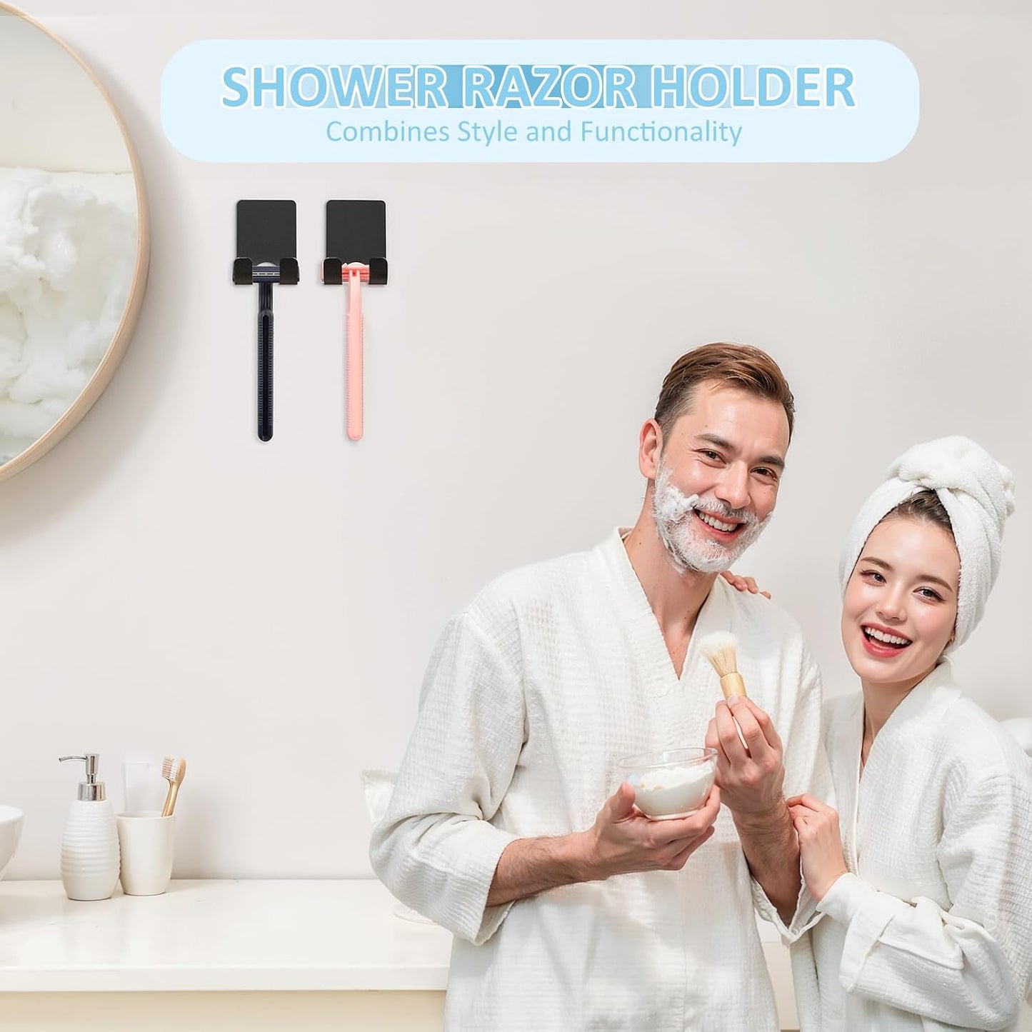 VIS'V Shower Wall Adhesive Razor Holder for His and Hers, Black, 2 Pcs | Metal Material, Compact Design, Peel and Stick, Fit for Smooth Flat Surfaces