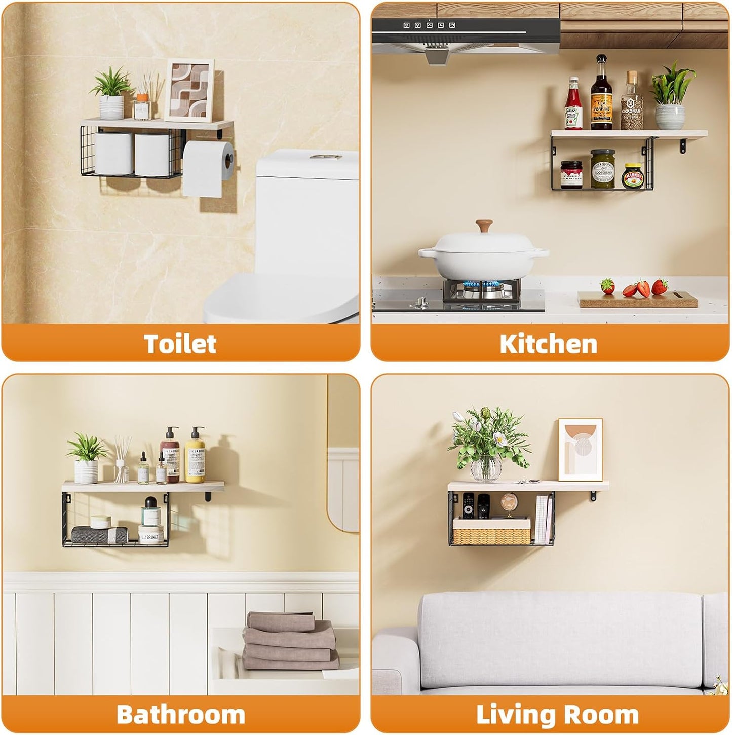 VITVITI Toilet Paper Holder with Shelf, Wall Mounted Storage Basket, Brown | Farmhouse Wall Mount Toilet Paper Holder Shelves, Wood Metal Toilet Roll Wipes Holder for Bathroom