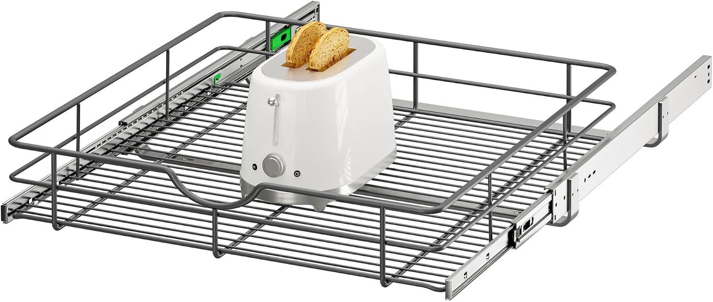 2 Tier Pull Out Cabinet Organizer - 20" W x 22" D Soft Close Slide Out Shelves with Shelf Liners - Pullout Drawers for Kitchen Cabinets, Pantry, Bathroom, Heavy Duty Steel Wire Baskets