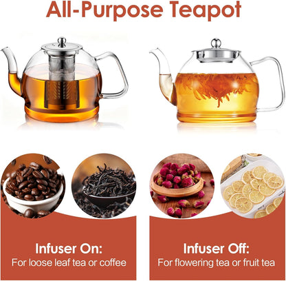 Glass Teapot, 40oz/1200ml Tea Pot with Removable Infuser for Loose Tea | Stovetop Safe Borosilicate Glass Tea Kettle with Strainer and Lid, Hand Crafted Clear Teapot with Scale Line,Tea Brewer Guide