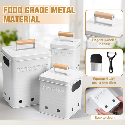 3 Pcs Potato Onion Garlic Storage Bin Metal Vegetable Keeper Container with Lid Aerating Hole Farmhouse Style for Kitchen Counter Pantry Sweet-potato Carrot Fruit Keep Fresh Longer (White)