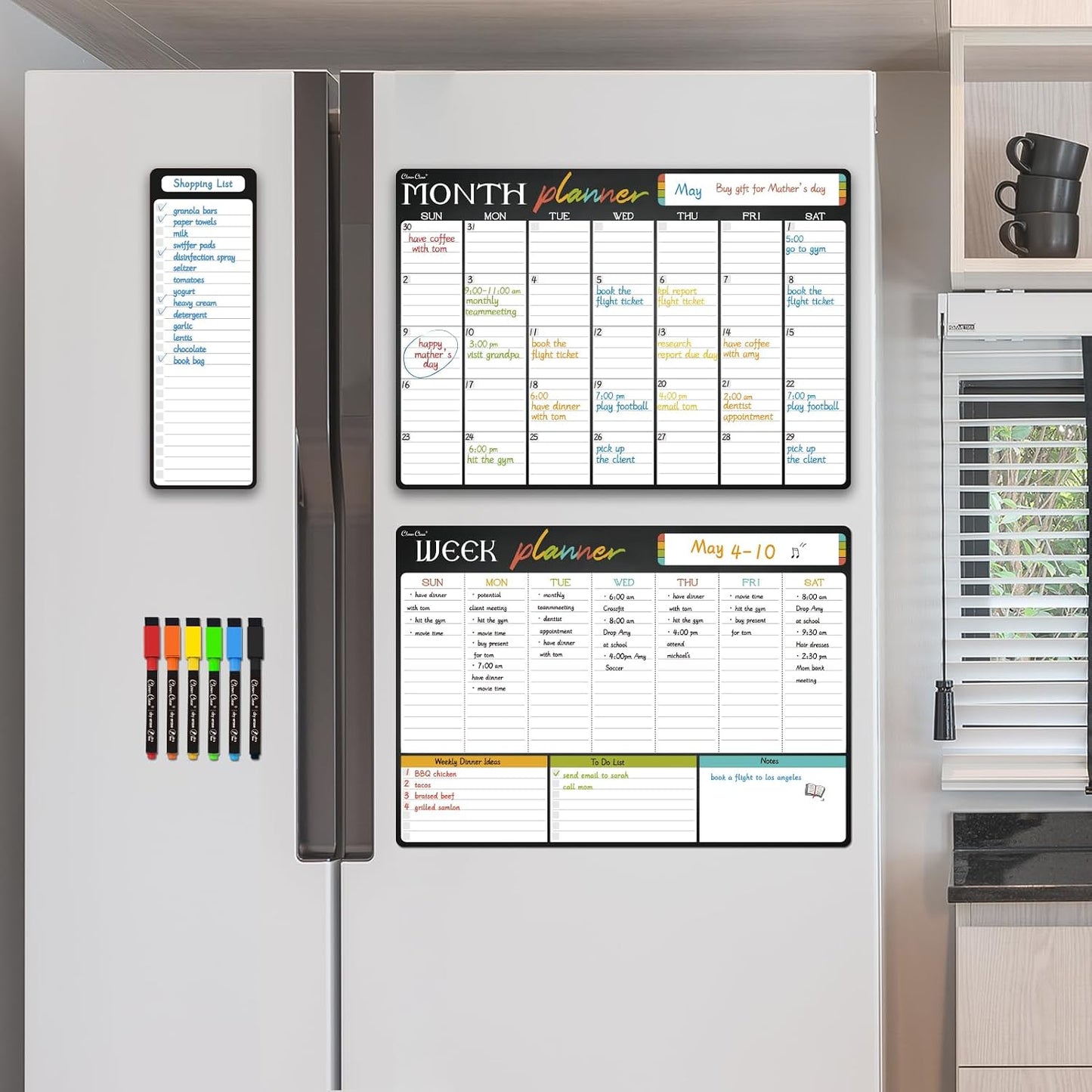 Magnetic Dry Erase Monthly Calendar Set - 15.5"x13" Monthly and 8.5"x13" Weekly Calendar for Fridge - 6 Extra Fine Point Markers Included - Shipped Flat