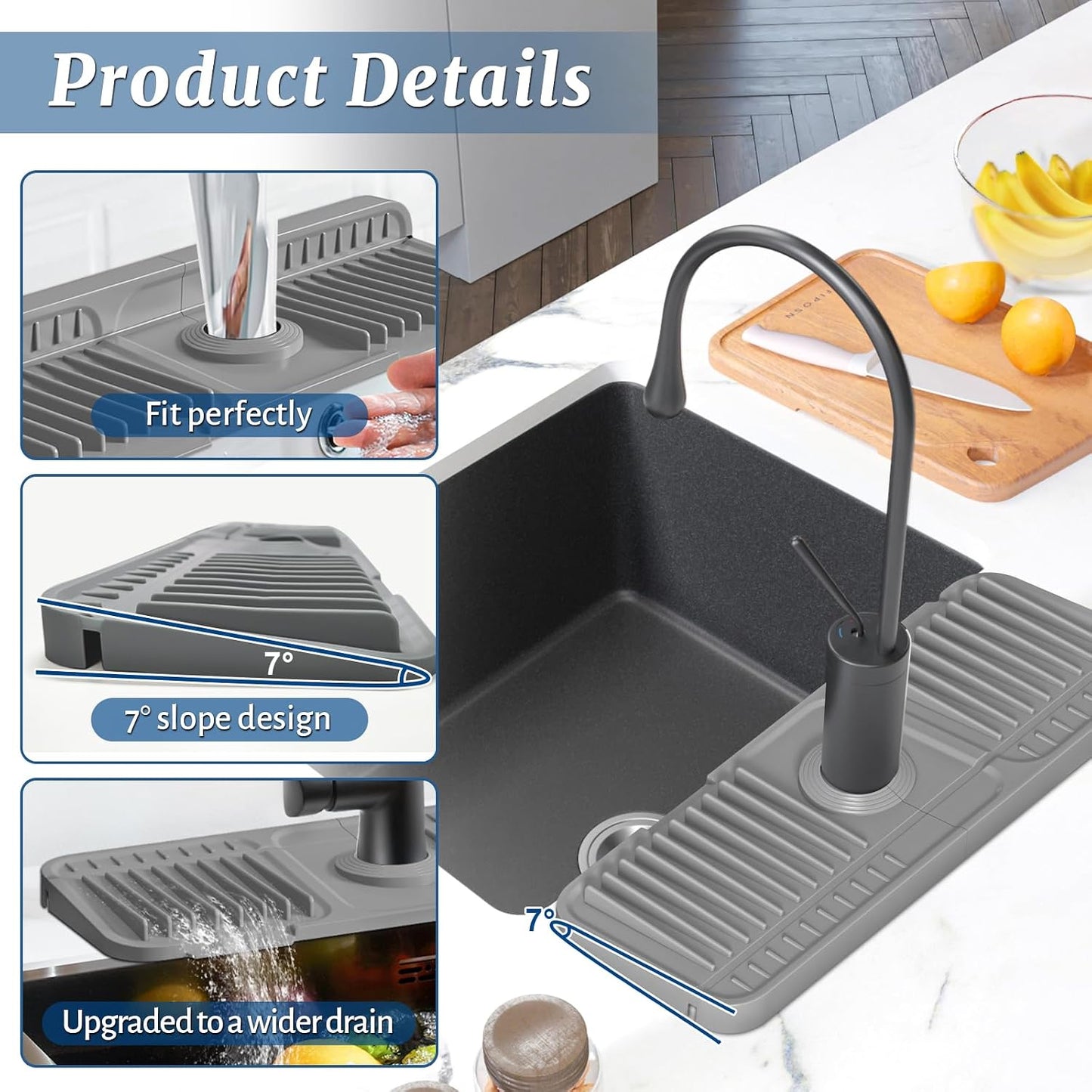 PoYang 24 Inch Faucet Mat for Kitchen Sink Splash Guard, Silicone, Black | Sink Protectors with 7° Slope for Smooth Drainage, Snap Button Holds It in Place, 90° Foldable & Cuttable Hole Fit Most Sinks