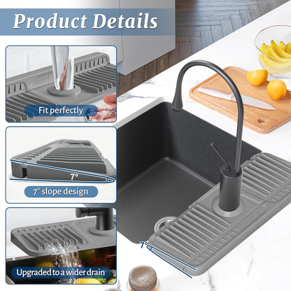 PoYang 24 Inch Faucet Mat for Kitchen Sink Splash Guard, Silicone, Black | Sink Protectors with 7° Slope for Smooth Drainage, Snap Button Holds It in Place, 90° Foldable & Cuttable Hole Fit Most Sinks