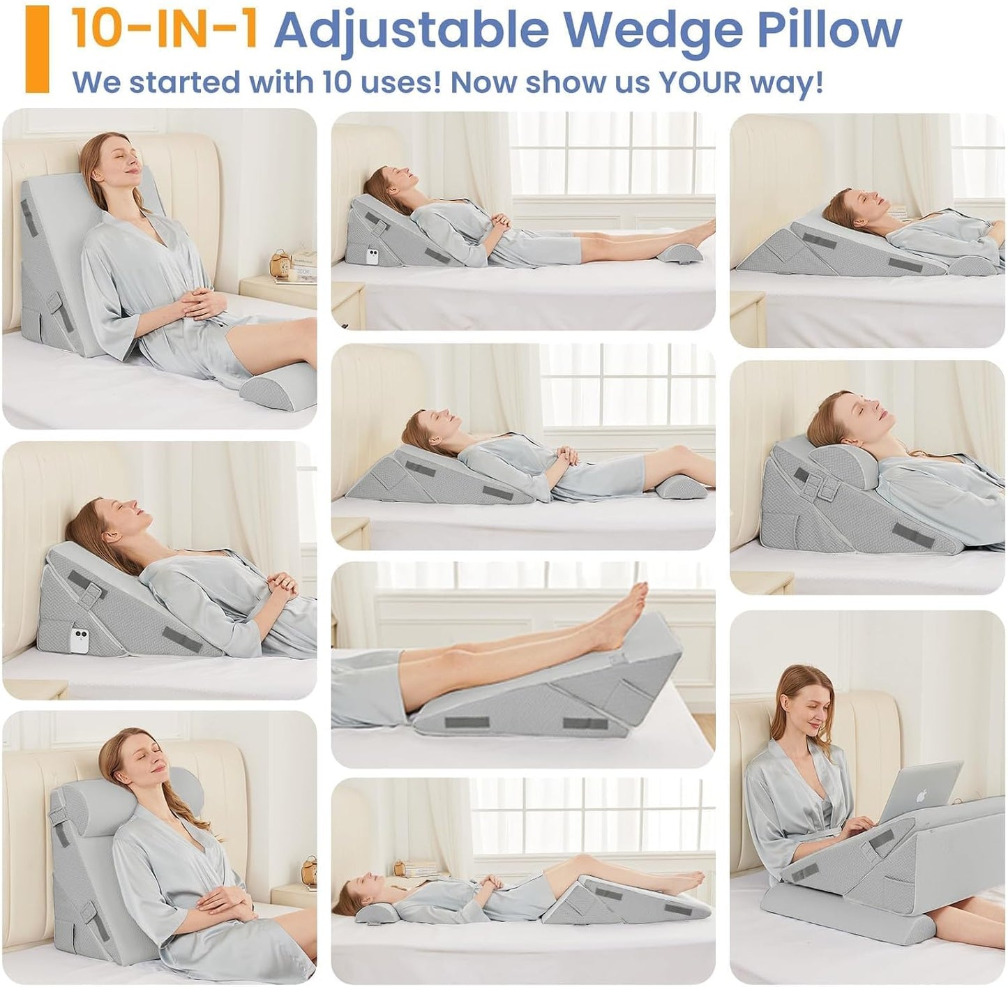 Sasttie Adjustable Wedge Pillow Set for After Surgery, Dark Grey & White | Bed Wedge Pillow Headboard with Memory Foam Neck Cushion, for Acid Reflux, Sleeping, Neck & Back Support
