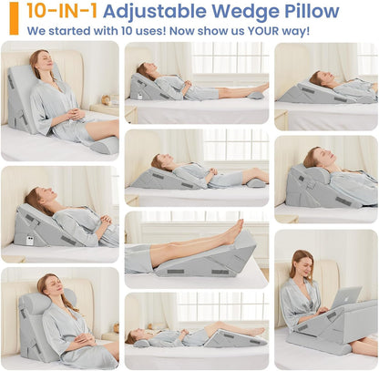 Sasttie Adjustable Wedge Pillow Set for After Surgery, Dark Grey & White | Bed Wedge Pillow Headboard with Memory Foam Neck Cushion, for Acid Reflux, Sleeping, Neck & Back Support