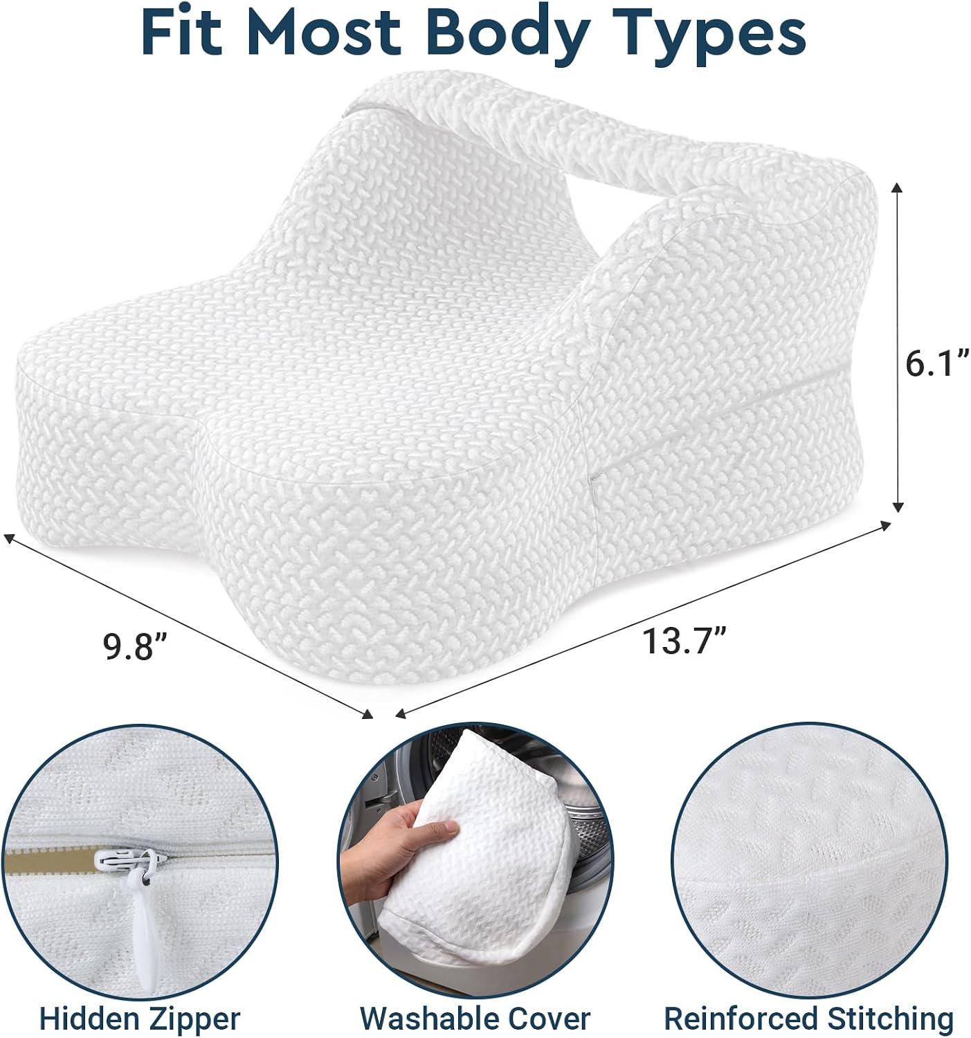 Long Knee Pillow for Side Sleepers with Strap - Large Leg Pillow for Side Sleeping with Full Thigh & Knee Support, Memory Foam Alignment Pillows for Sciatica, Hip & Knee Relief, White