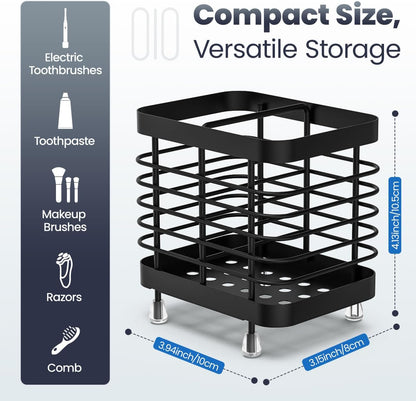 Luxspire Toothbrush Holders for Bathroom, Stainless Steel, 6 Slots, Black | Toothbrush Holders With Drainage, For Bathroom Countertop & Kitchen Sink, Bathroom Accessories