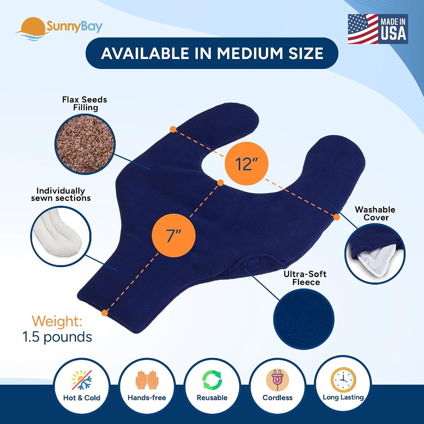 SunnyBay Shoulder and Upper Back Heating Pad, Microwavable Heated Neck and Shoulder Wrap, Weighted Moist Pain Relief Pack with Washable Cover and Flax Seed Filling, Large, Navy Blue