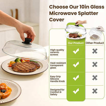 10in Glass Microwave Cover For Food, Glass Microwave Splatter Cover | Heat Resistant Tempered Glass Splatter Guard, Vented Universal Microwave Plate Cover, Dishwasher Safe