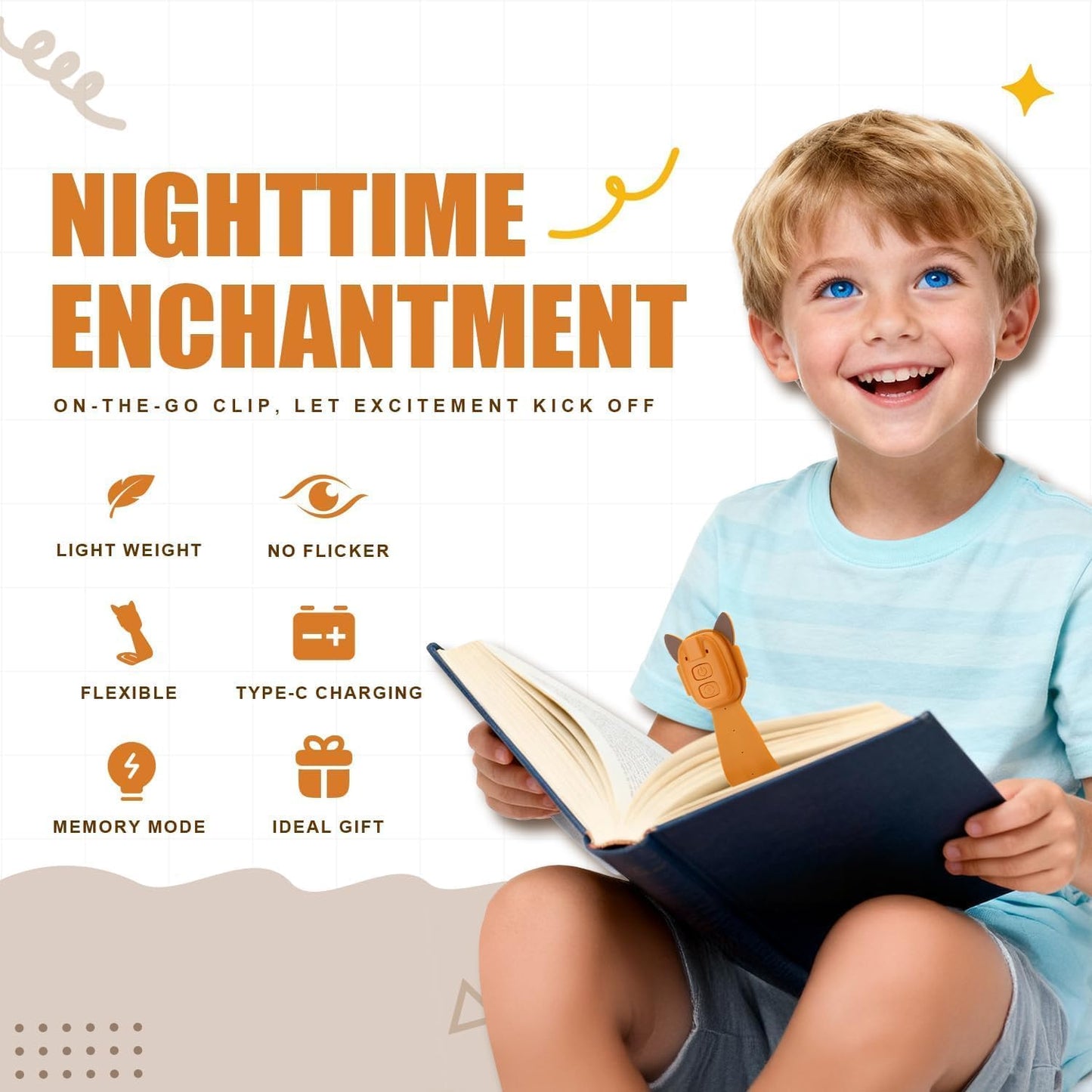Rechargeable Kids Book Light, Cute Bookmark Reading Light for Kids, Dimmable Portable LED Book Light for Reading in Bed, Eye-Caring Bedtime Reading Lamp for Children & Travel, Brown