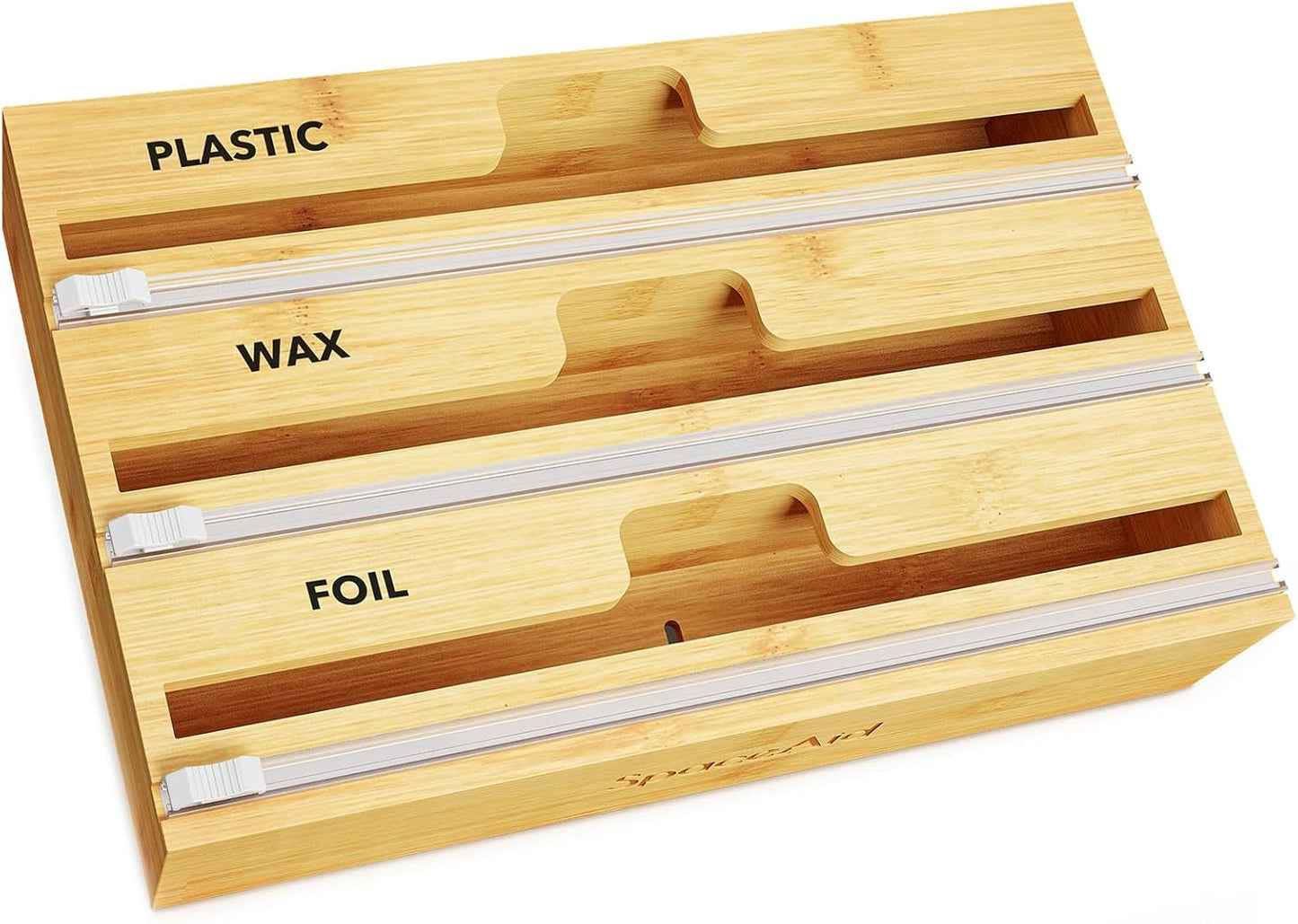 SpaceAid WrapNeat 2 in 1 Wrap Organizer with Cutter and Labels, Plastic Wrap, Aluminum Foil and Wax Bamboo Dispenser for Kitchen Storage Organization Holder for 12" Roll (Natural)