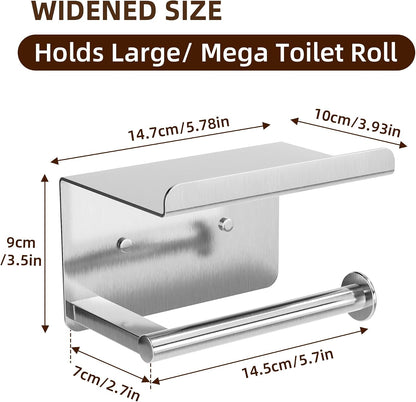 Adhesive Toilet Paper Holder with Shelf, Stainless Steel, Silver | Two Installation Ways:Self Adhesive or Wall Mount, Stick On Toilet Paper Holder, Peel and Stick, Bath Tissue Holder, Bathroom