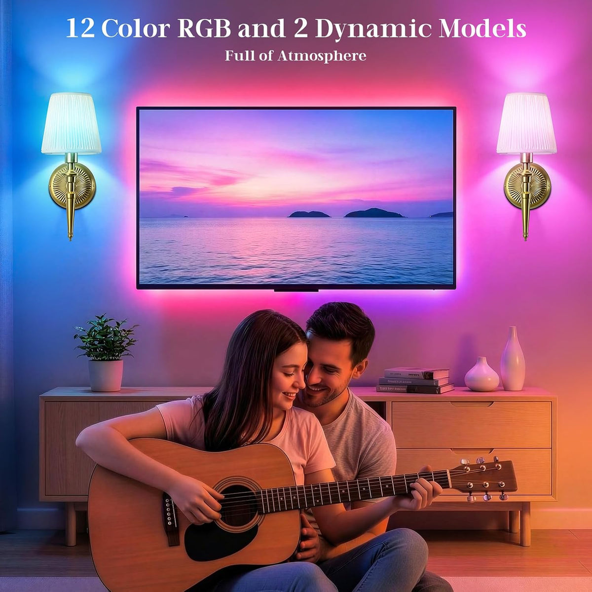 Battery Operated Wall Sconces Set of 2, Wireless Rechargeable Wall Lights with 12 RGB Colors and 3CCT Dimmable, Small Fabric LED Wall Lamps for Bedroom, Living Room, Hallway, Gold