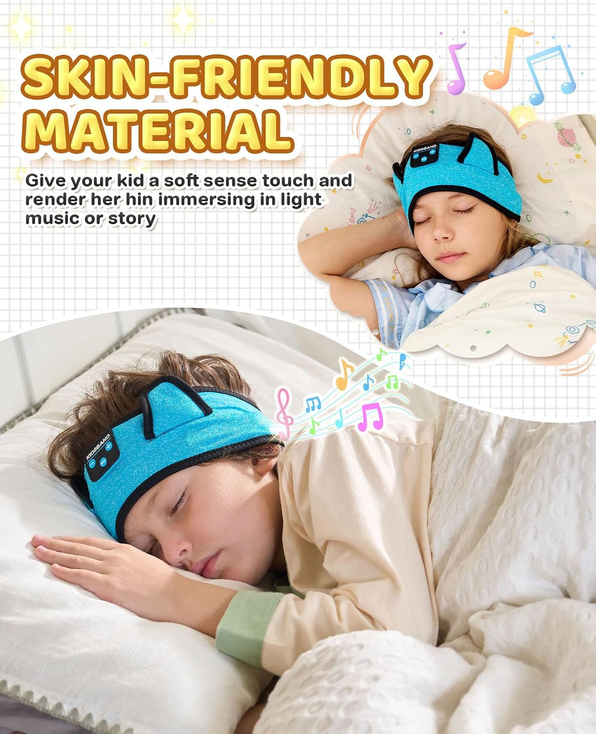KIDSBAND Kids Bluetooth Headphones, Sleep Headband [Wireless & Wired Playback 2in1] Foldable Headphones for School/Travel/Tablet/Sleep