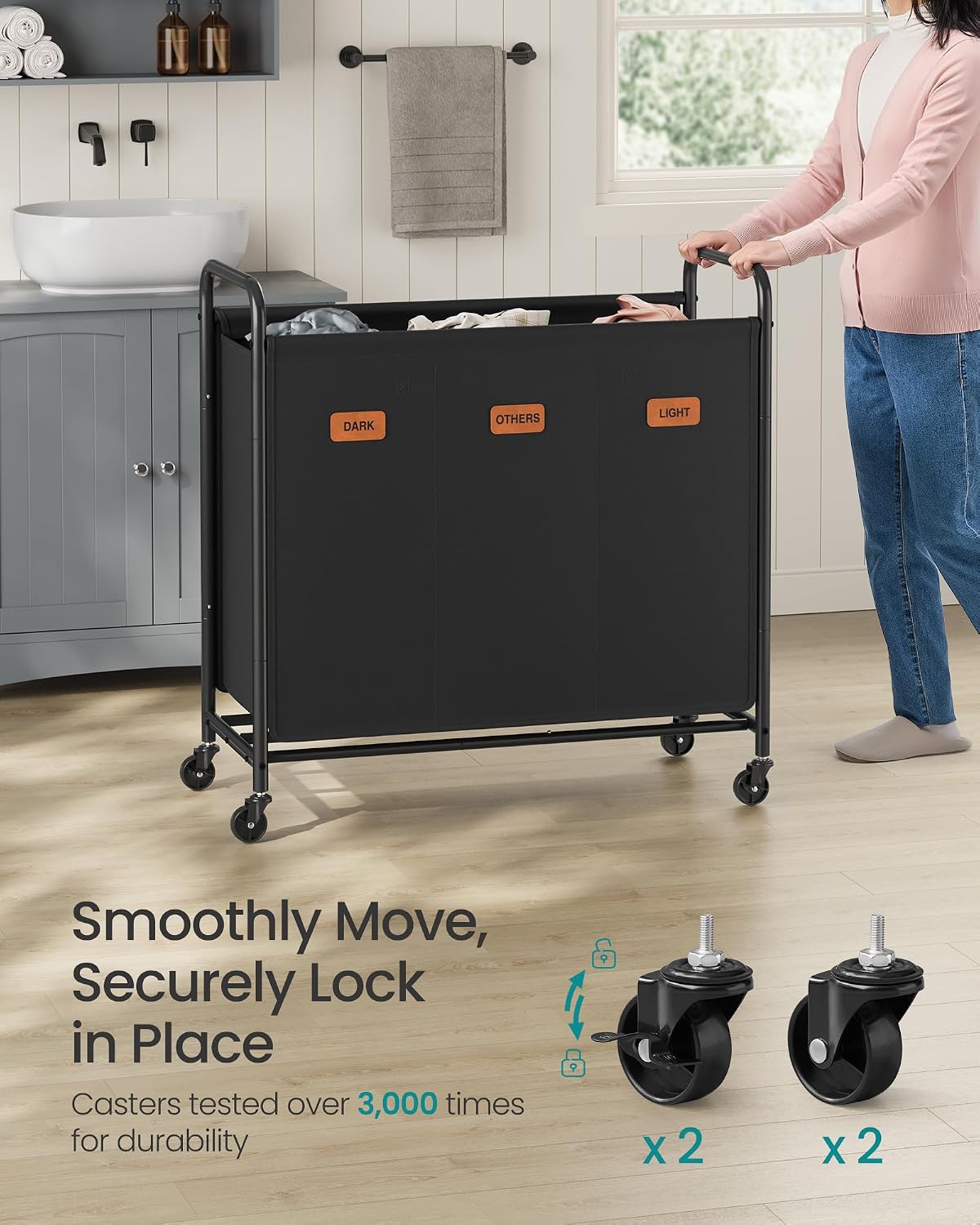 SONGMICS 2-Section Laundry Sorter, Laundry Hamper with Wheels, Rolling Clothes Hamper Cart with Large Capacity and Removable Bags, for Laundry Room, Bedroom, Bathroom, Ink Black URLS210B01 | Rolling Clothes Hamper Cart, Large Capacity, for Laundry Room,