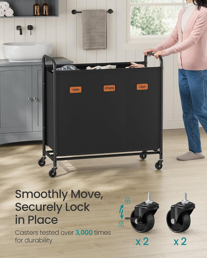 SONGMICS 2-Section Laundry Sorter, Laundry Hamper with Wheels, Rolling Clothes Hamper Cart with Large Capacity and Removable Bags, for Laundry Room, Bedroom, Bathroom, Ink Black URLS210B01 | Rolling Clothes Hamper Cart, Large Capacity, for Laundry Room,
