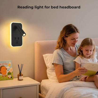 Wall Sconce Plug in with Wall Mounted Reading Lights,Modern Wall Lamp for Bedroom with Charging Station USB C+A Ports,Headboard Bedside Lamps with 3W+9W Night Light,3 Color Temperature