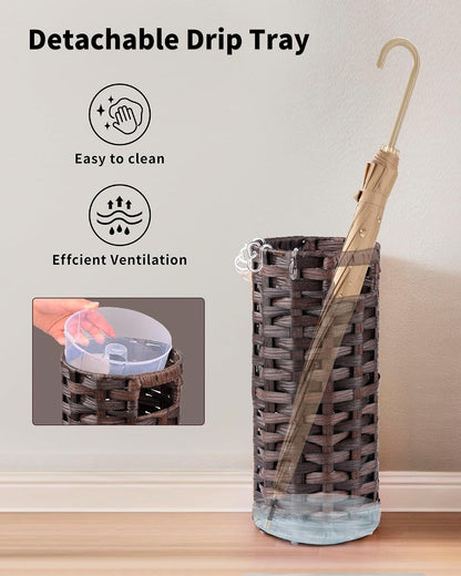 Rattan Umbrella Stand, Umbrella Holder for Entryway, Hand Woven Umbrella Rack Organizer Freestanding, with a Detachable Drip Tray, 4 Hooks, 7.5" L x 7.5" W x 16.5" H