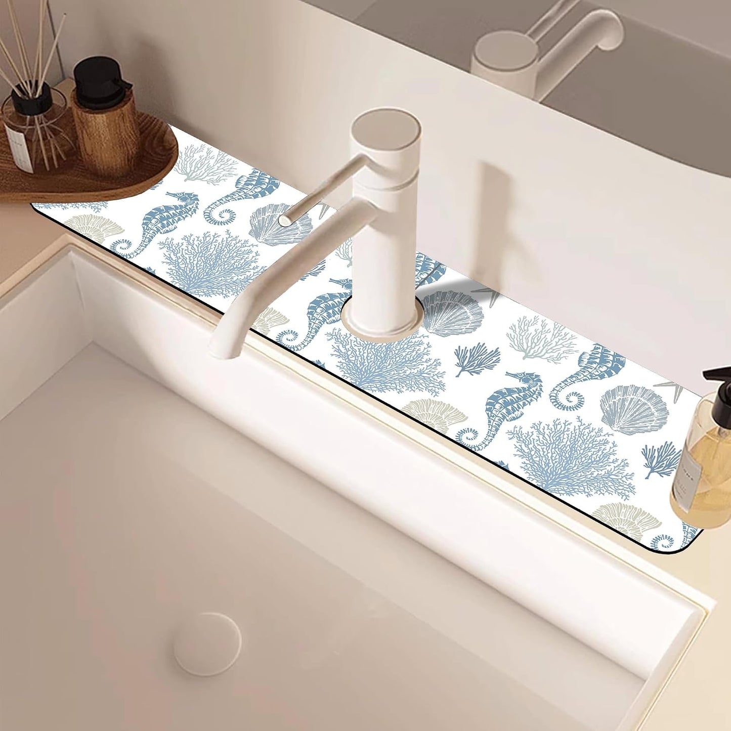 Abstract Watercolor Leaves Sink Faucet Absorbing Mat Sink Splash Guard Faucet Mat Draining Mat Fast Drying Sink Protectors for Kitchen and Bathroom 5.5"×15"