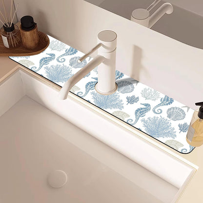 Abstract Watercolor Leaves Sink Faucet Absorbing Mat Sink Splash Guard Faucet Mat Draining Mat Fast Drying Sink Protectors for Kitchen and Bathroom 5.5"×15"