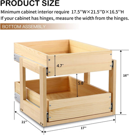 Pull Out Cabinet Organizer 17''W×21''D×16''H Slide Out Drawer | Soft Close Wood Kitchen Pullout Drawers for Cabinets Shelves for Kitchen, 2-Tier, Finished, Heavy-Duty, Bottom Assembly