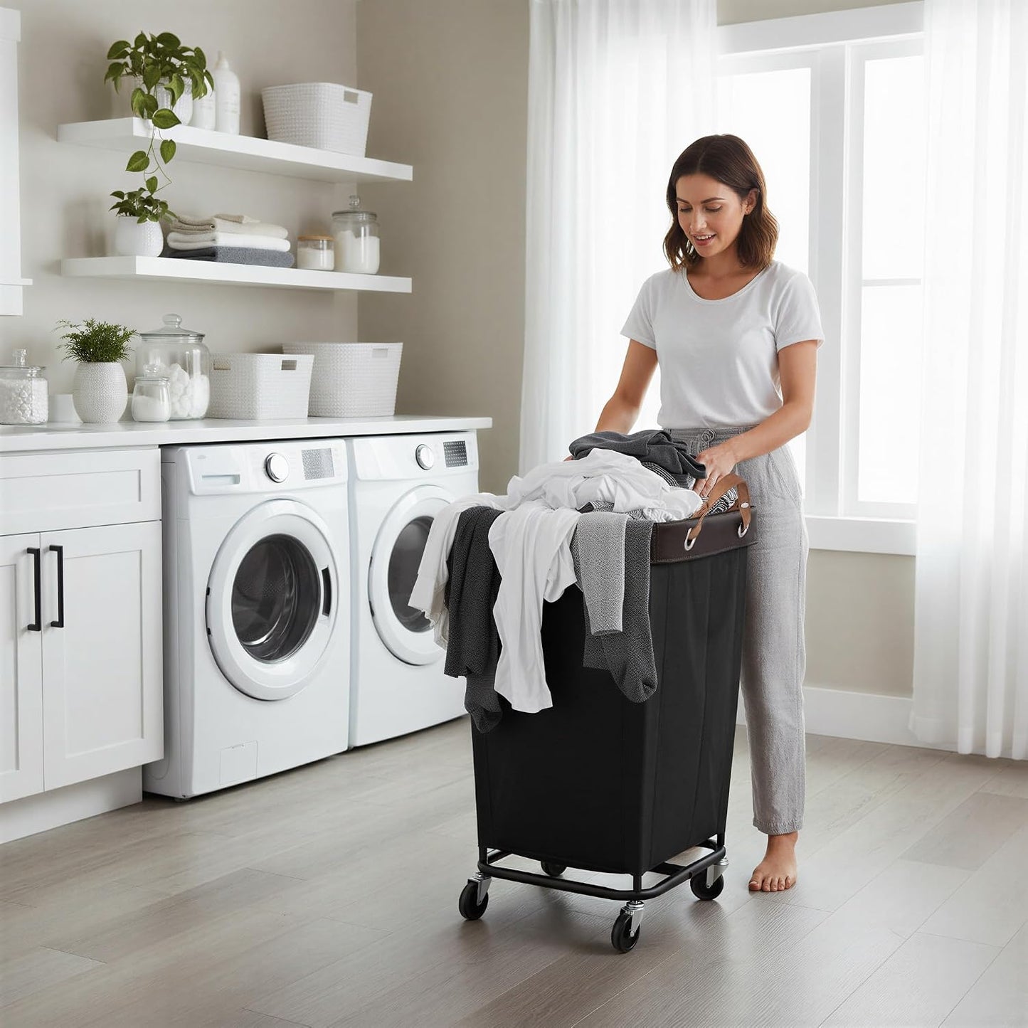StorageWorks 160L Laundry Basket with Wheels, Rolling Hampers for Clothing | Beige Laundry Basket with Wheels, Metal Frame & Handles, Rolling Hamper for Bedroom, Bathroom, Dorm, Hotel