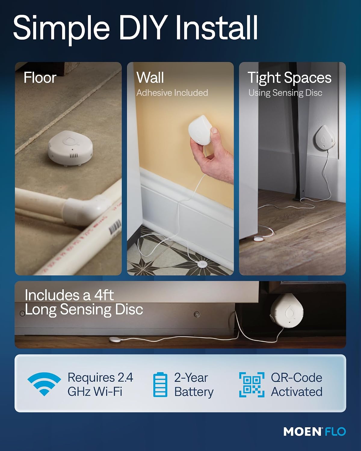 Moen 920-005 Flo Smart Water Leak Detector, White, 3-Pack