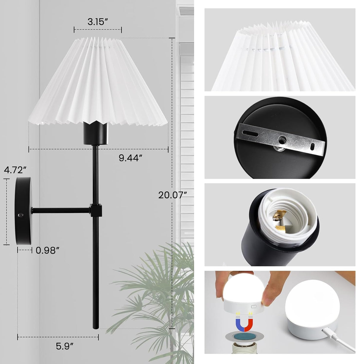 Rechargeable Battery Operated Wall Sconce Sets of 2, 15 Colors Wireless gooseneck Black Wall Lights Fixture with Dimmable Bulbs and Remote, Not Hardwired Wall Mounted Lamps for Bedroom Living Room