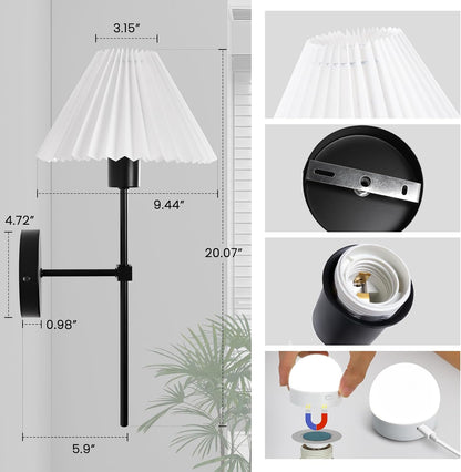 Rechargeable Battery Operated Wall Sconce Sets of 2, 15 Colors Wireless gooseneck Black Wall Lights Fixture with Dimmable Bulbs and Remote, Not Hardwired Wall Mounted Lamps for Bedroom Living Room