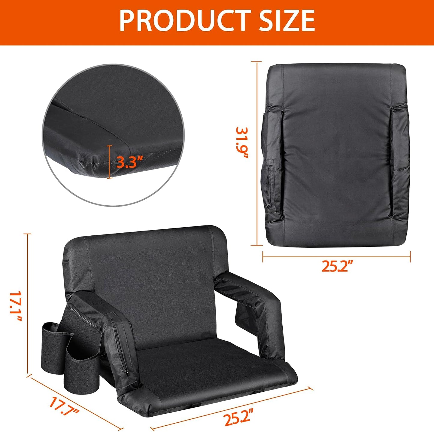 LEMY 20.5"/ 25" Wide Adjustable Stadium Seat for Bleachers Portable Water Resistant Stadium Chair with Back/Arms/Cushion for Outdoor or Indoor