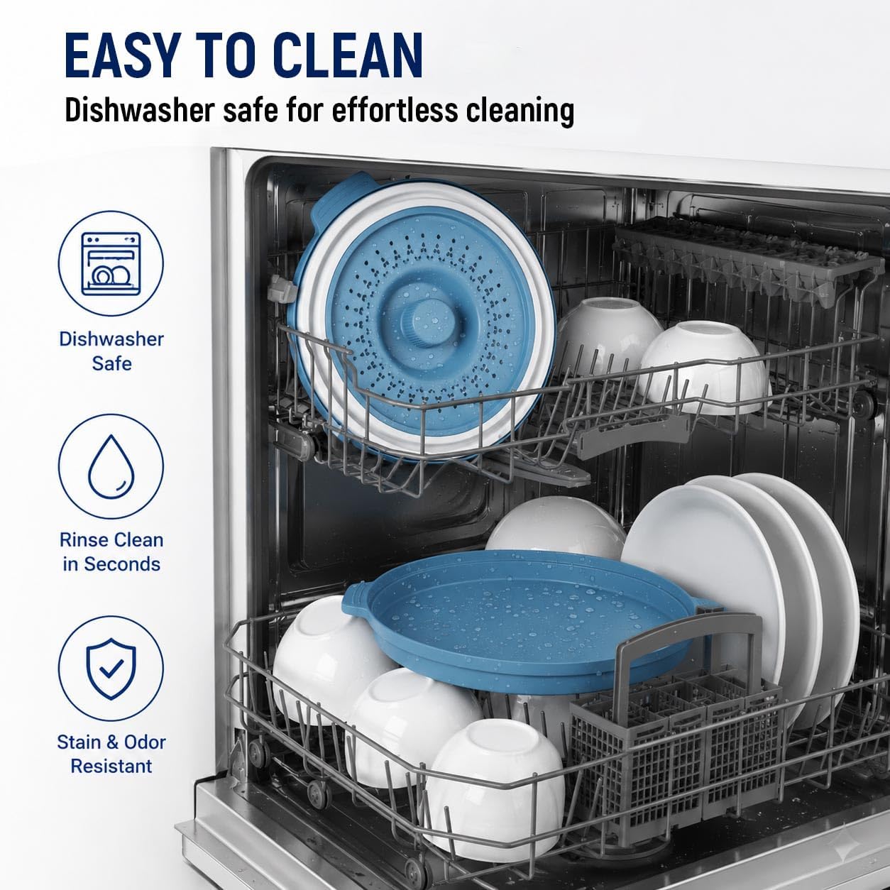 Collapsible silicone splash guard with tray -Microwave Place Mat & Food Cover can be used as a draining basket for washing vegetables and fruits. Vented Collapsible lid & Silicone Kitchen mat（Blue）
