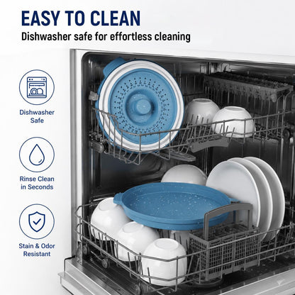 Collapsible silicone splash guard with tray -Microwave Place Mat & Food Cover can be used as a draining basket for washing vegetables and fruits. Vented Collapsible lid & Silicone Kitchen mat（Blue）