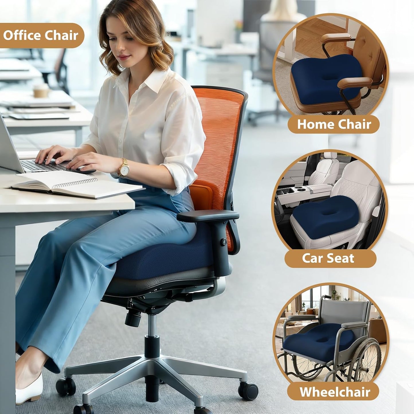 Ergonomic Memory Foam Seat Cushion for Office Chair, Black | Wheelchair Cushions for Tailbone, Hip, Sciatica Support, Soft & Breathable, Chair Pad for Long Sitting, Driving