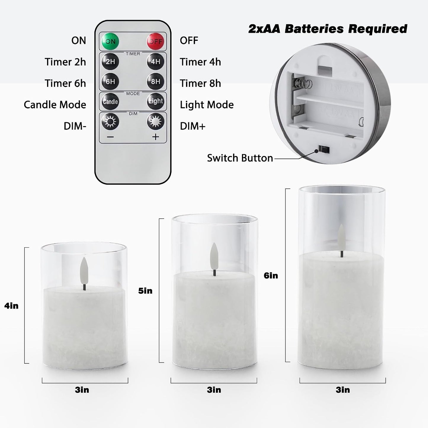 Battery Operated Flameless Candles with Remote & Timer, Gold Glass 3Pack | Real Wax Crystal Texture, D3×H4/5/6", 2/4/6/8H Timer, Dimming, Flickering Realistic LED Candles for Wedding Table Decor
