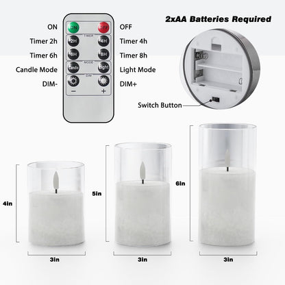 Battery Operated Flameless Candles with Remote & Timer, Gold Glass 3Pack | Real Wax Crystal Texture, D3×H4/5/6", 2/4/6/8H Timer, Dimming, Flickering Realistic LED Candles for Wedding Table Decor