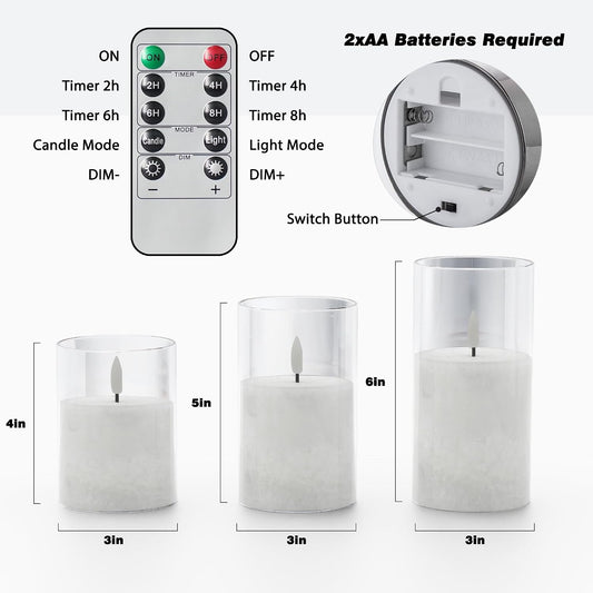 Battery Operated Flameless Candles with Remote & Timer, Gold Glass 3Pack | Real Wax Crystal Texture, D3×H4/5/6", 2/4/6/8H Timer, Dimming, Flickering Realistic LED Candles for Wedding Table Decor