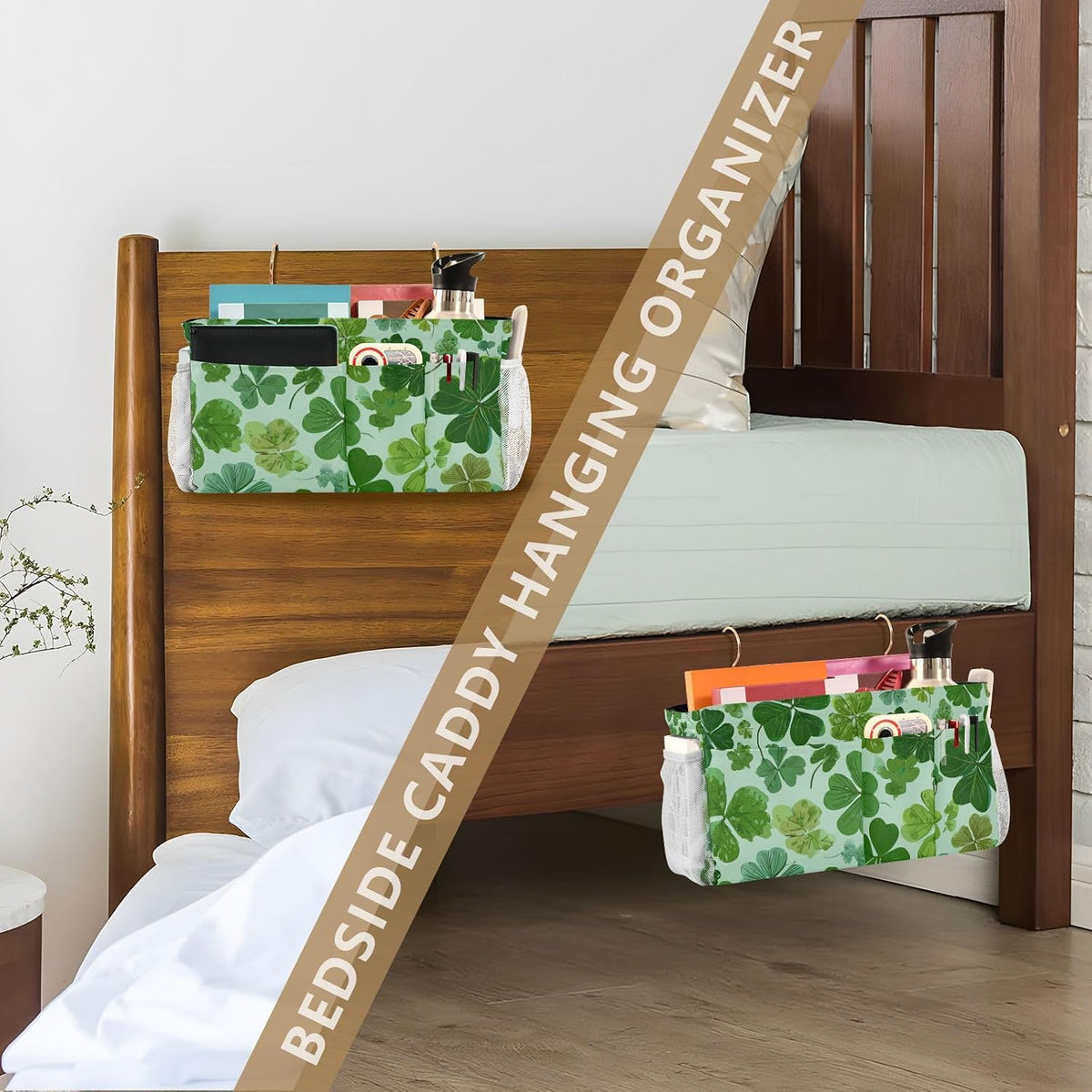 Bedside Caddy Hanging Bunk Bed Caddy Bed Organizer Hanging Pocket with 2 Hooks Bedside Storage Organizer Pocket Bag Holder Checkered Light Green - Colors B