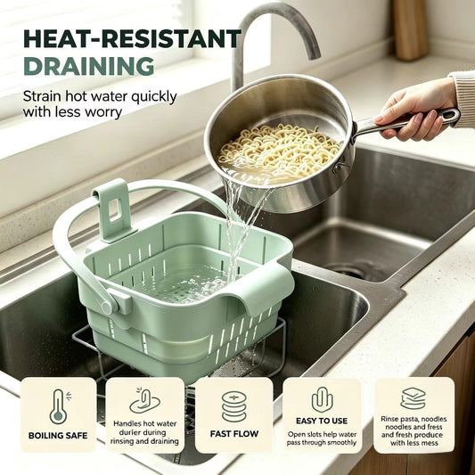 Foldable Hanging Sink Drain Basket, Stretchable Kitchen Sink Strainer, 2026 Upgraded Space-Saving Food Colander, Multifunctional Faucet Basket for Fruits, Vegetables, Pasta & Tableware