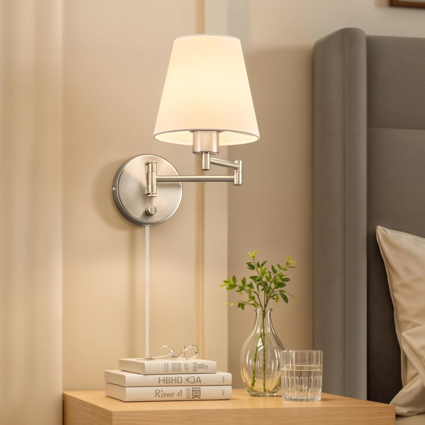 VONLUCE Wall Lamp, Plug in & Swing Arm Wall Sconce, Nickel Finish | Modern Wall Lights with White Fabric Shades, Plug in & Hardwired Wall Mounted Light for Bedside, Living Room, Hallway