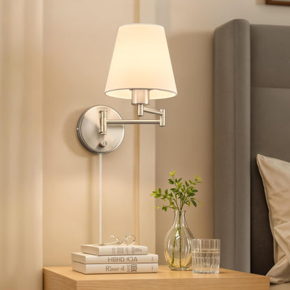 VONLUCE Wall Lamp, Plug in & Swing Arm Wall Sconce, Nickel Finish | Modern Wall Lights with White Fabric Shades, Plug in & Hardwired Wall Mounted Light for Bedside, Living Room, Hallway