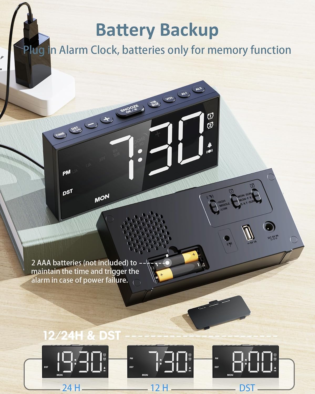 Roxicosly Vibrating Alarm Clock with Bed Shaker for Heavy Sleepers, 3-Level Vibration, Dual Alarms with Weekday & Weekend Mode, Large Digits, Dimmer, Snooze, USB Charger, Battery Backup