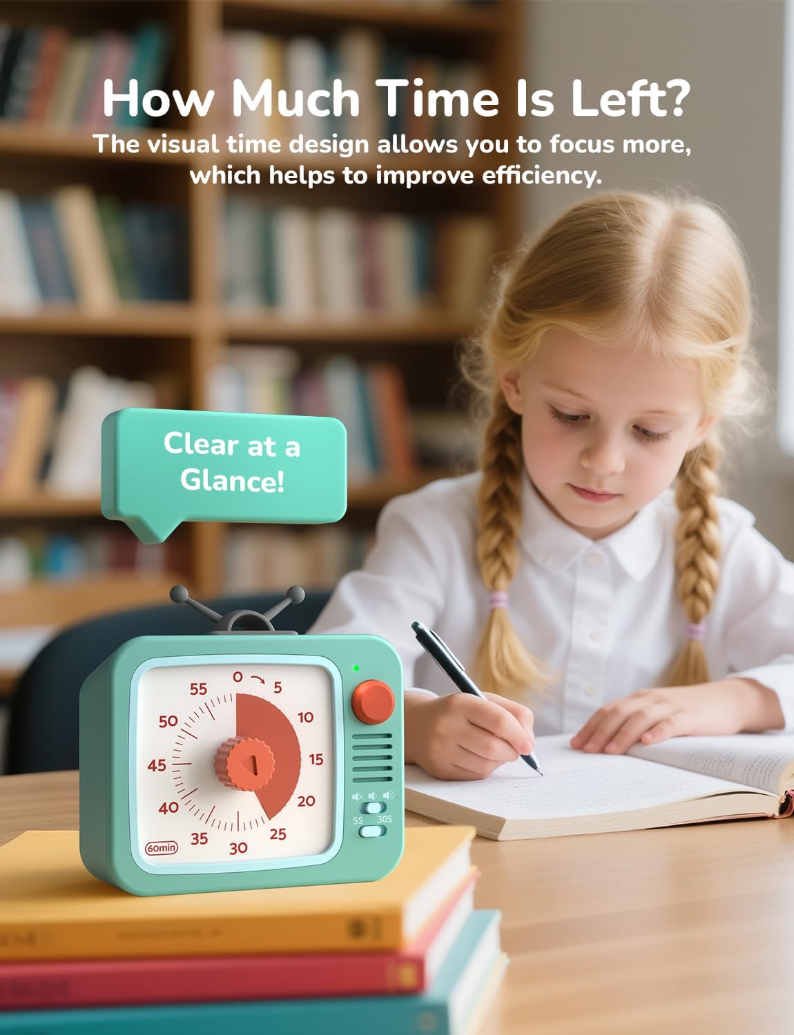 LIORQUE Visual Timer for Kids with Pause, 60 Minute Countdown Timer, Green | Non-Ticking, 3 Volume Levels, Back Magnetic, Two Ringing Durations, Light Indicator, for Classroom Kitchen Office ADHD