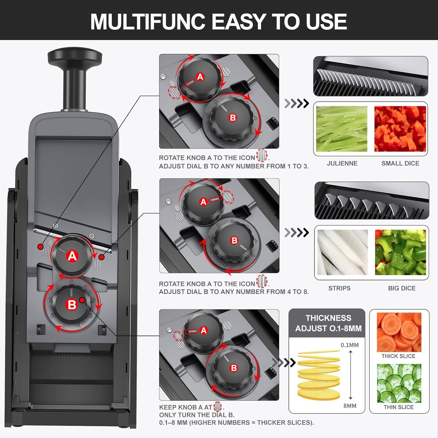 SupMaKin Safe Mandoline Slicer Plus for Kitchen Adjustable Vegetable Slicer | 0.1-8mm, Cut Resistant Stainless Steel Blades,Potato Fry Cutter, Onion Chopper, Detachable,Foldable Dishwasher Safe, Gifts