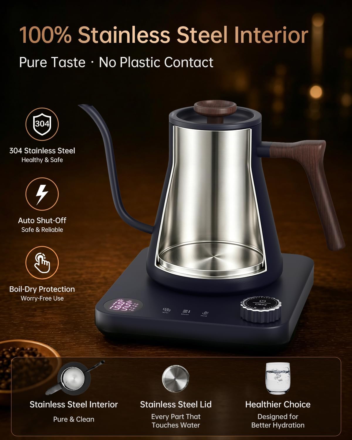 Gooseneck Electric Kettle with Temperature Control, 0.9L, Black | ±1°F Precision Pour Over Kettle, LCD Dual Display, Smart Two-Stage Heating, 2H Keep Warm, 304 Stainless Steel Interior