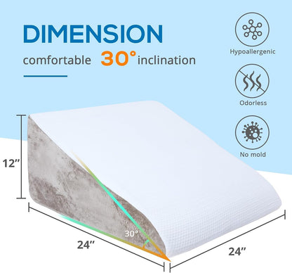 Sasttie Wedge Pillow 24x24x12 inch, Memory Foam Bed Wedge, Cool Grey | Triangle Pillow for Sleeping, Acid Reflux, Back Pain, Post-Surgery, and Snoring, Designed with Removable Washable Cover