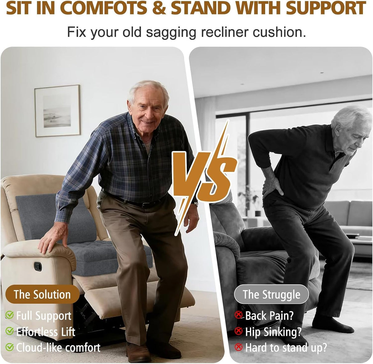 Recliner Cushion for Elderly with Lumbar Support Pillow - 20x20x5 Inch Extra Thick Recliner Seat Cushion for Seniors Relief Back Pain and Tailbone Pain from Long Sitting Non-Slip Bottom
