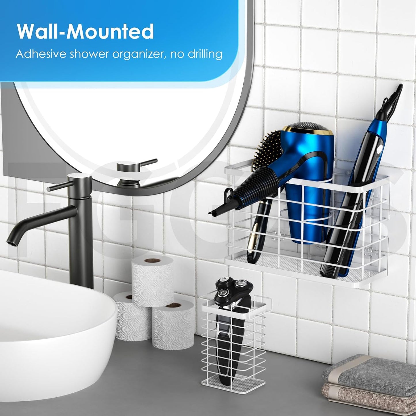 Hair Tool Organizer, Dryer Holder, 3 in 1 Blow Bathroom Organizer Wall Mounted/Cabinet Door for Flat Iron, Curling Straightener, Care & Styling Tools Storage Basket