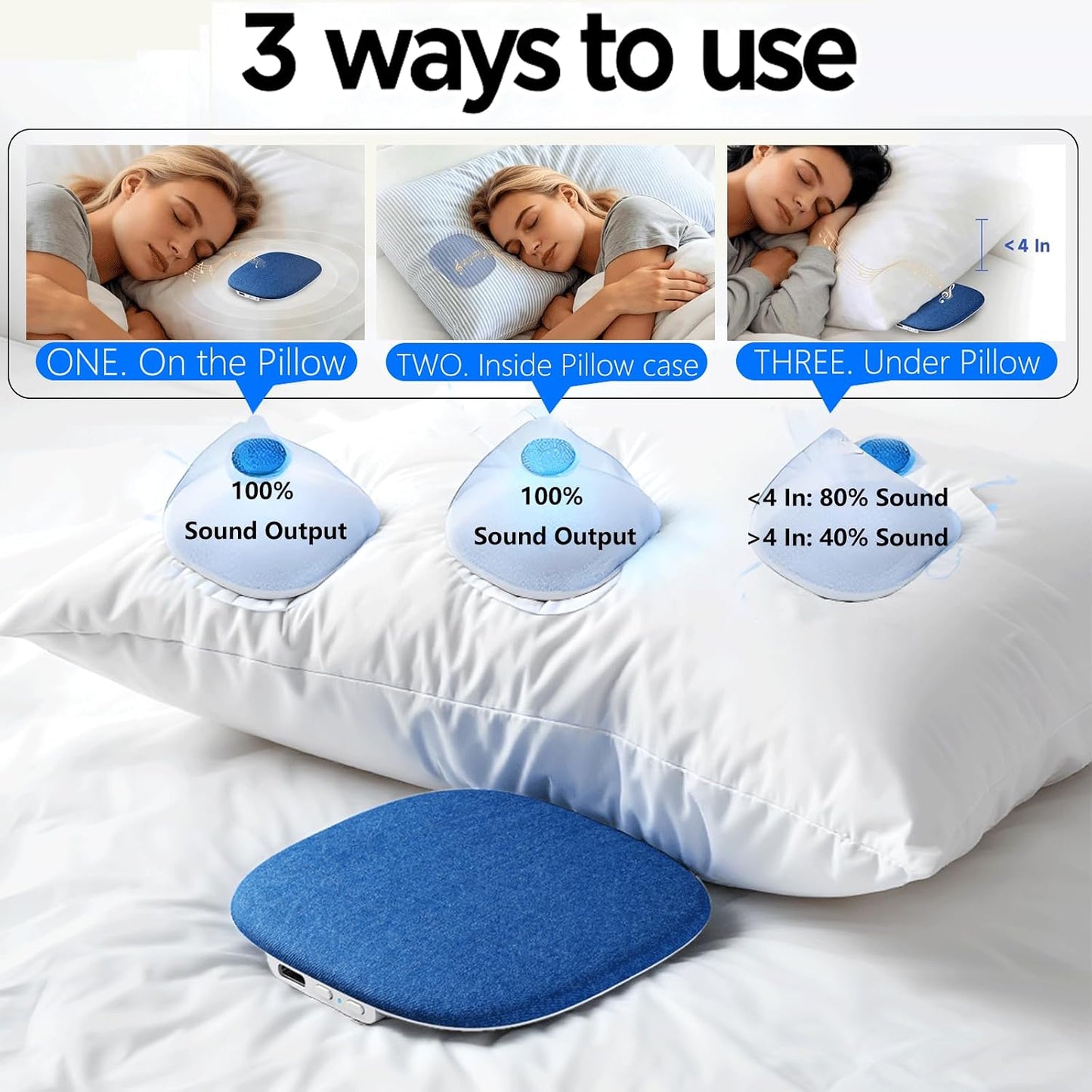 Pillow Speaker, Under Pillow Mellow Sleep Speakers Bluetooth White Noise Machine for Sleeping Side Sleepers, Flat Sleeper with Smart APP Built-in Sleep Music, Gifts for Adults Teens (Blue)